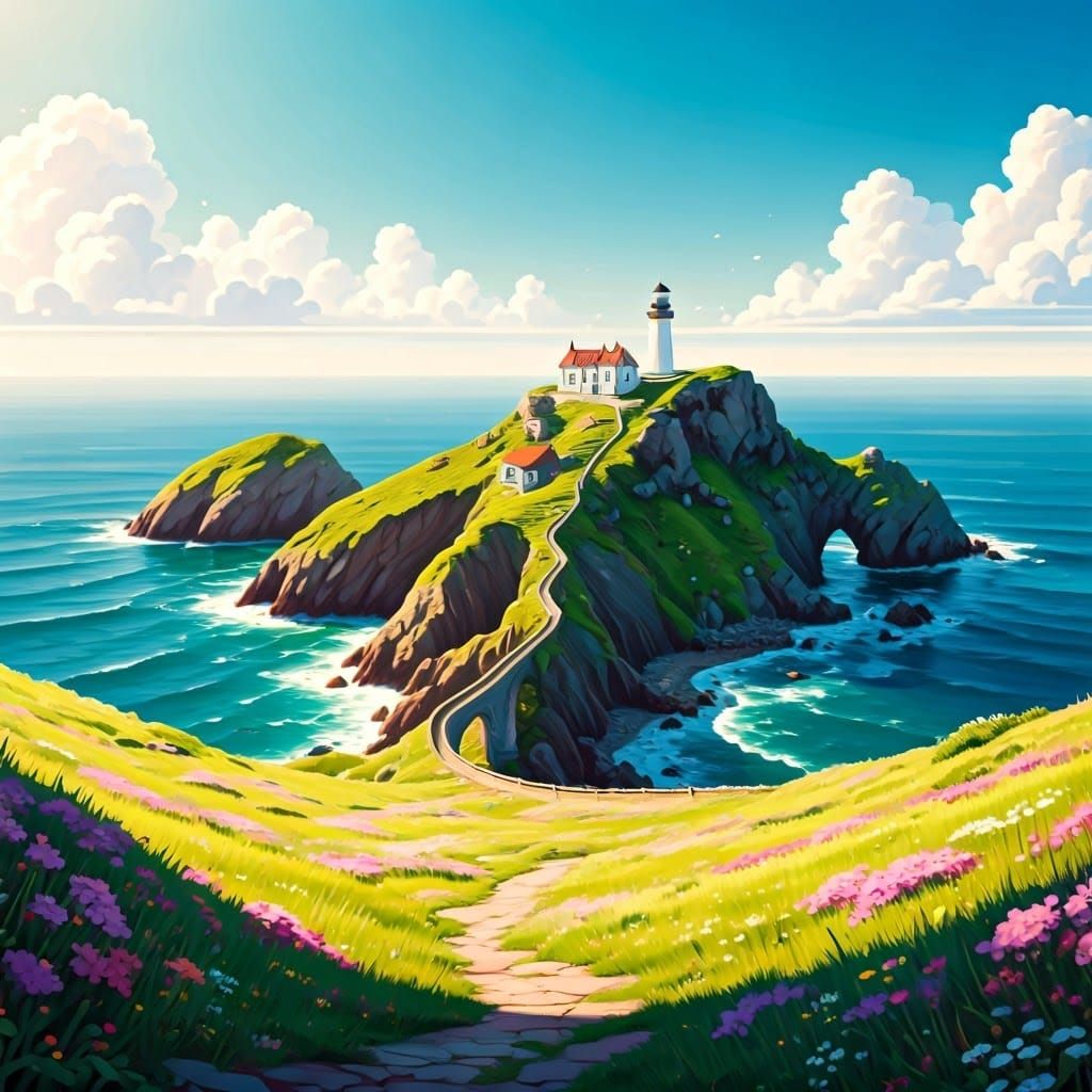 Idyllic Island Scene with Lighthouse and Seaside Cottage