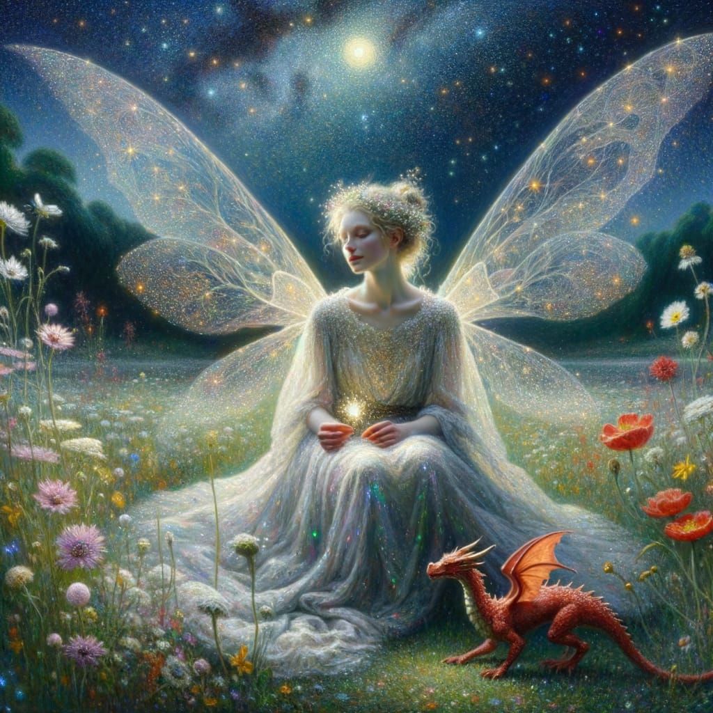 A serene, dreamlike scene of a woman with delicate, glittery translucent wings, lying in a field of wildflowers under a ...