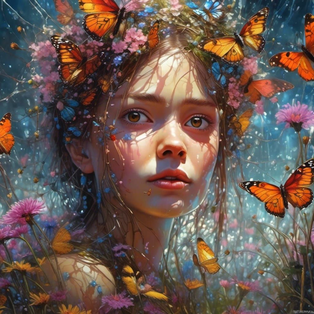 Lush Flowerfield Macrophoto with Butterflies in Fantasy Styl...