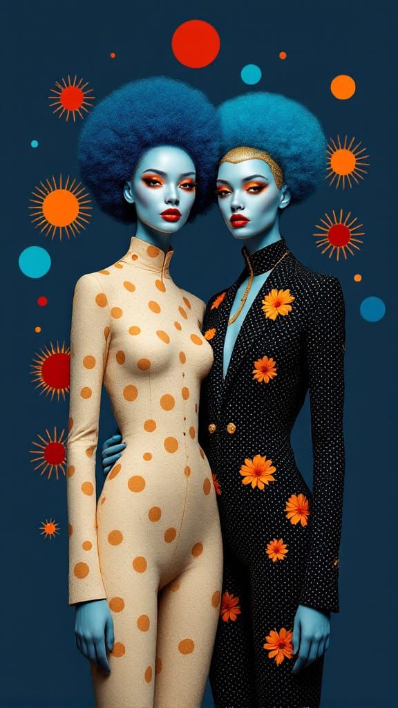 Elegant Blue Figures with Geometric Patterns