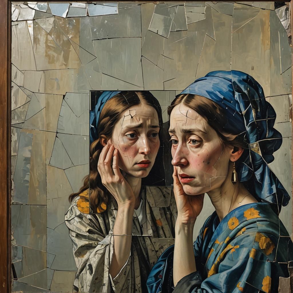 Woman Reflects on Loss in Fractured Mirror