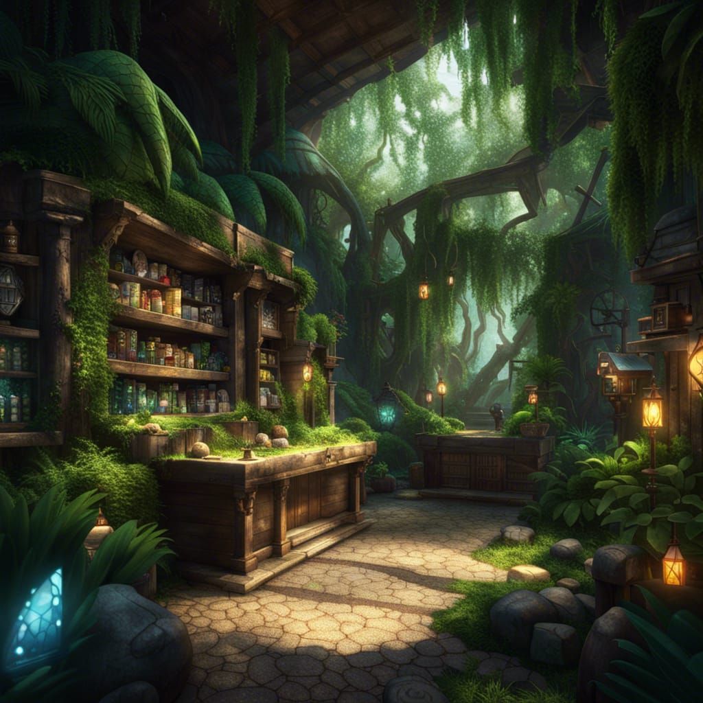 Photorealistic Crystal Store in Overgrown Jungle