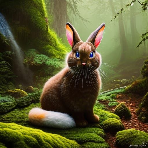 Mossy Flower Bunny Cat in Enchanted Forest