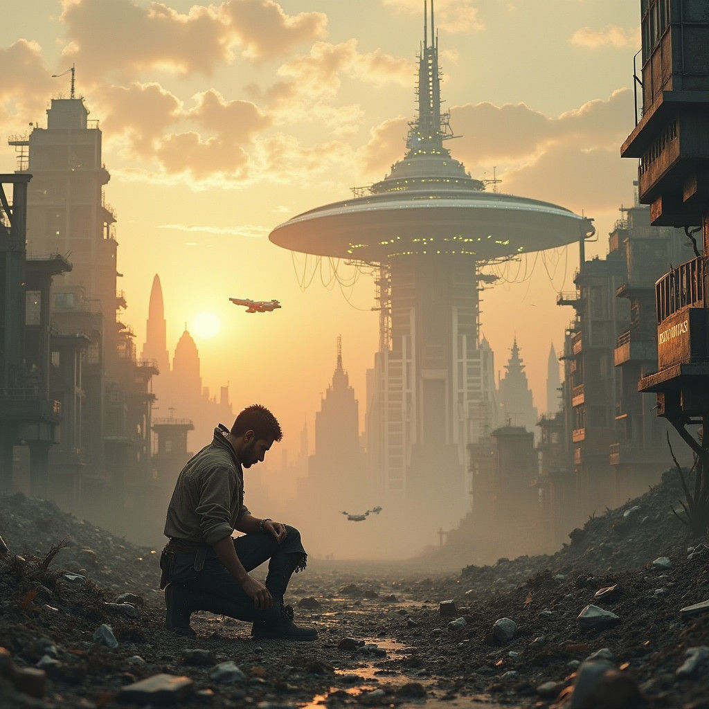 Dystopian Scavenger Gathers Trash Below Cyberpunk City