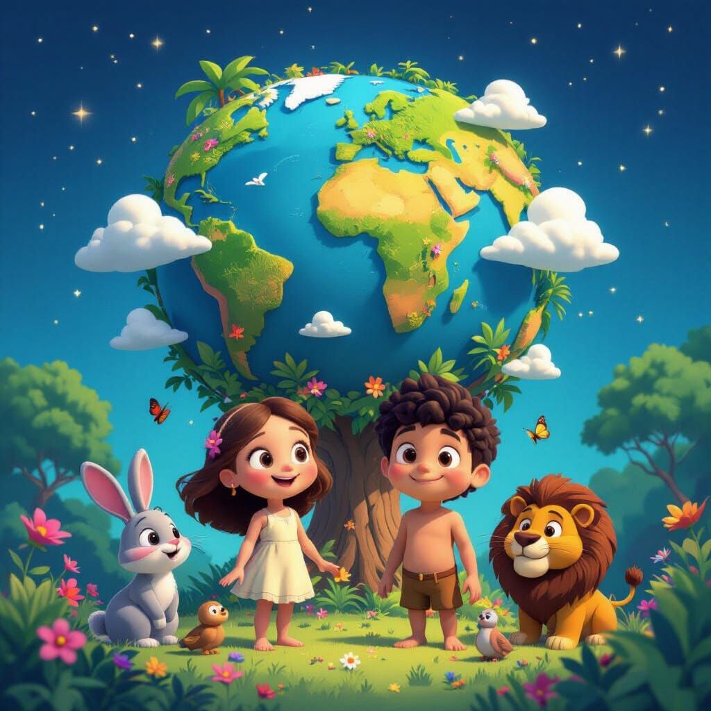 Pixar Style Earth with Adam and Eve Illustration