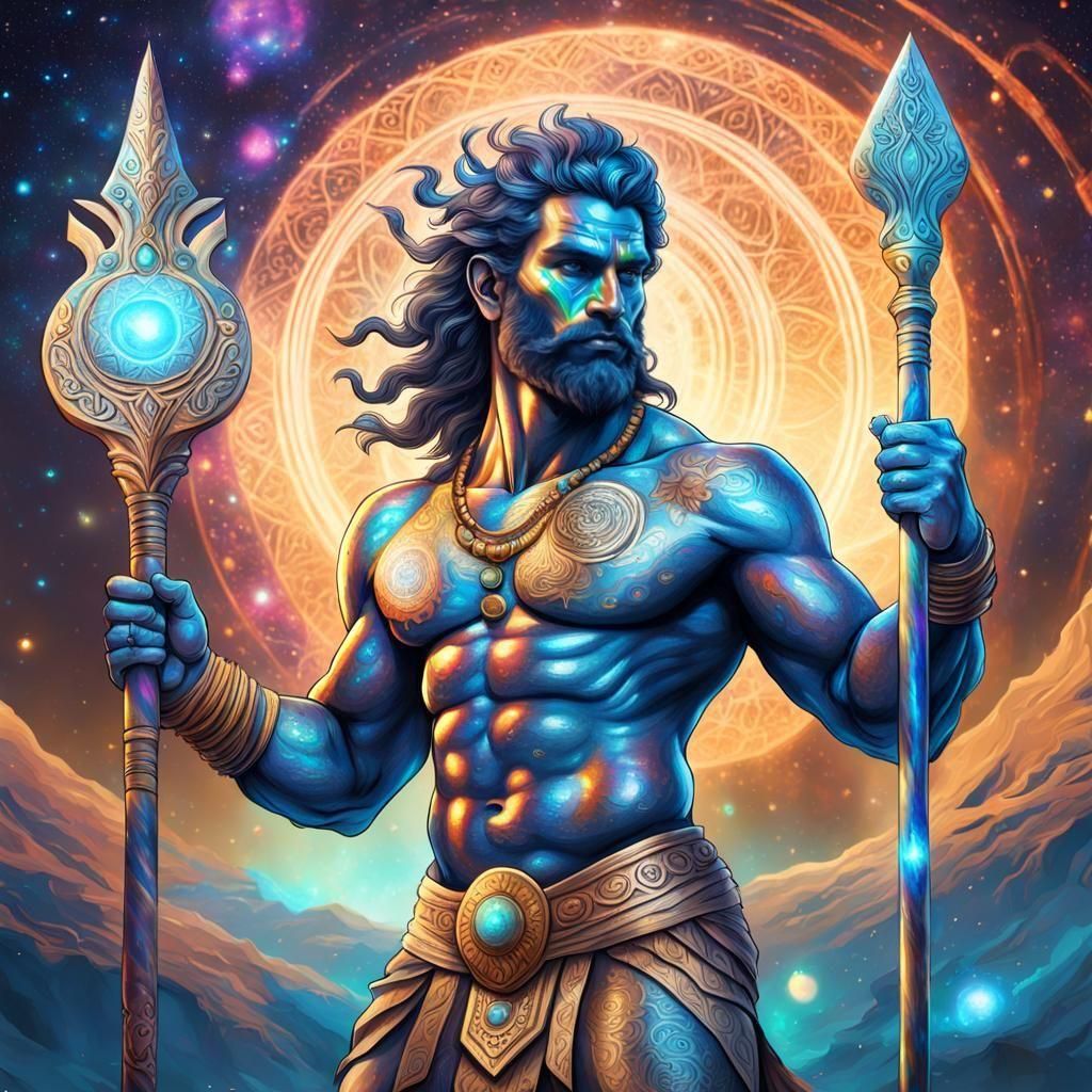 Giant Male Figure in Holographic Astral Illustration