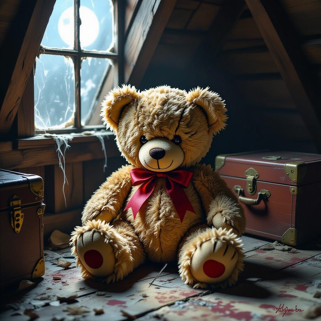 Tattered Teddy Bear in Dusty Attic by Moonlight