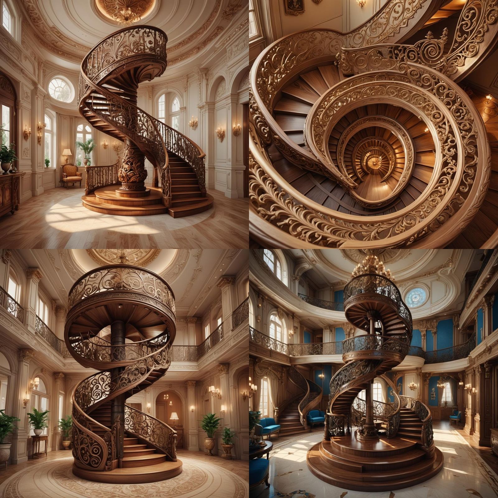 Elegant Carved Wood Spiral Staircase in Luxurious Interior