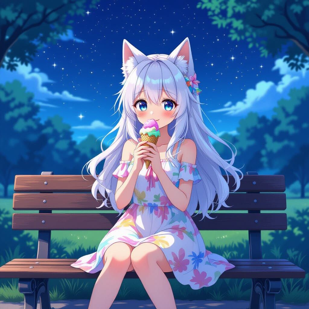 Anime Girl with Wolf Ears Enjoys Ice Cream