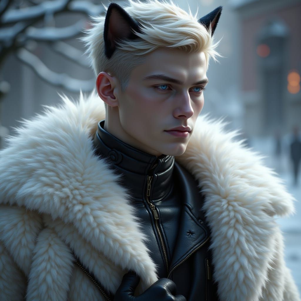 Stoic Man with Cat Ears in White Coat