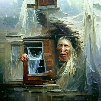 Eerie Figure at Window in Oil Painting Style