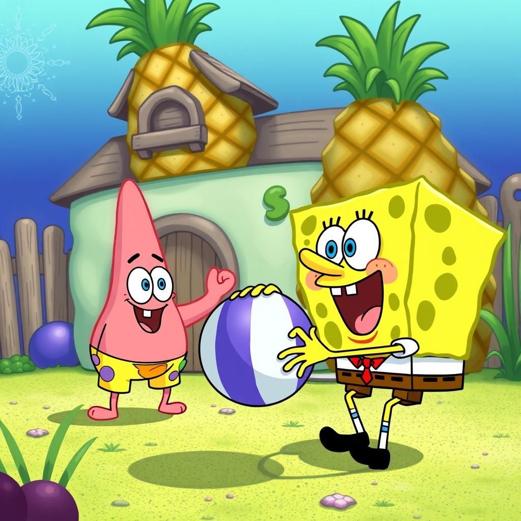 SpongeBob and Patrick Playing Ball in Bikini Bottom