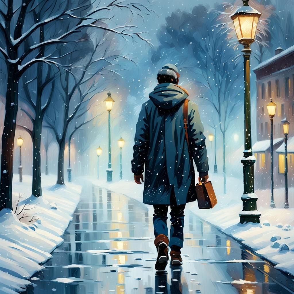 Person Walks Through Snowstorm in Oil Painting Style