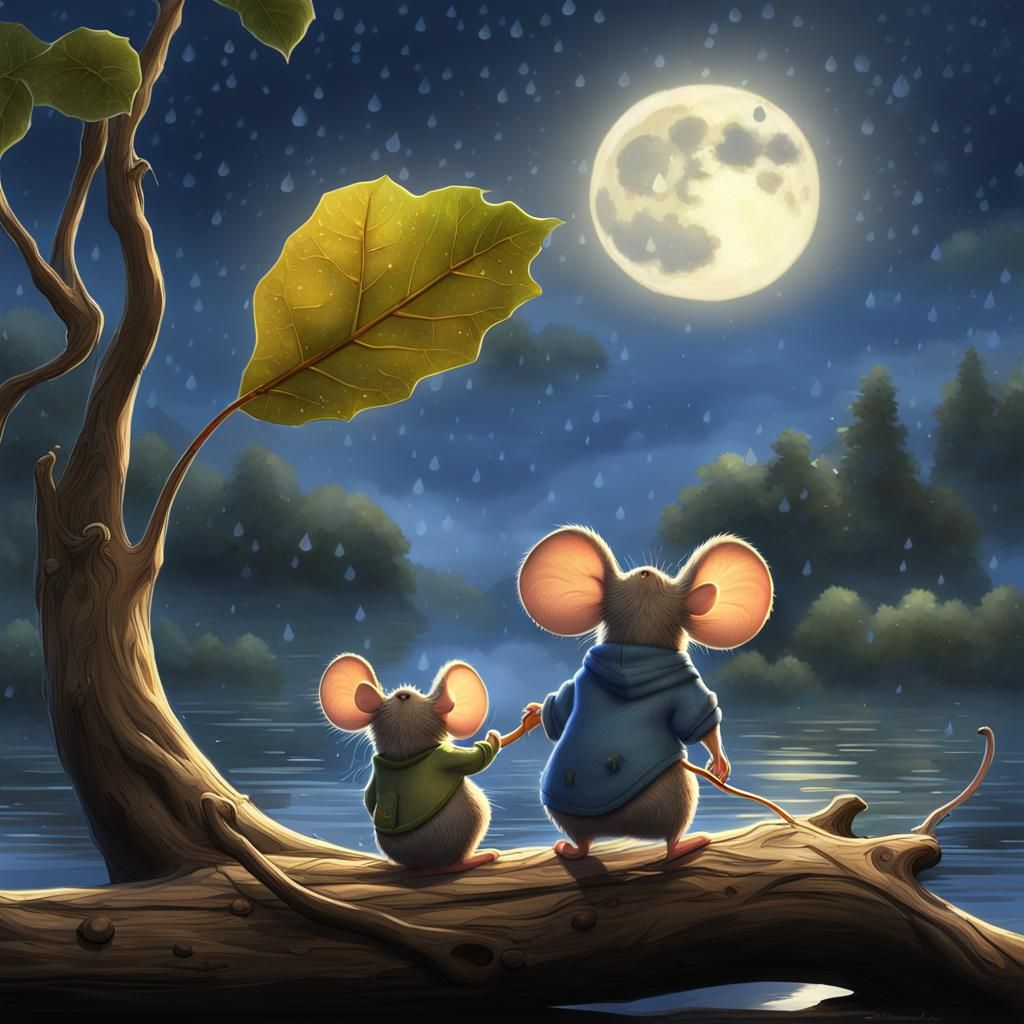 Mice Under Leaf in Rainy Moonlight, 3D Render