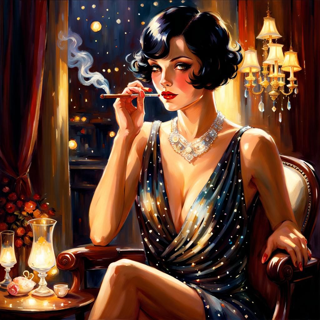 Glamorous 1920s Woman Smoking Cigar, Splash Art