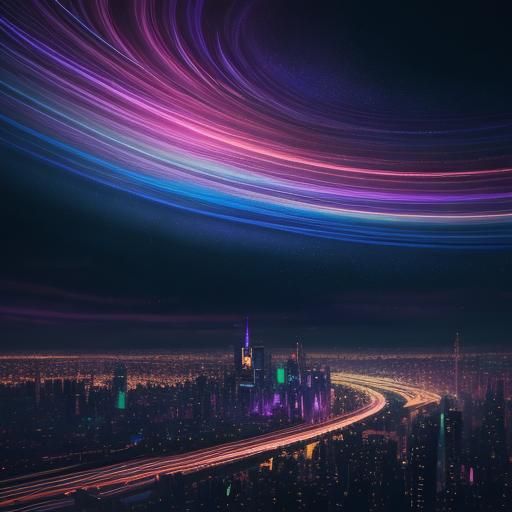 Neon Cityscape with Sound Waves in Vibrant Oil Painting