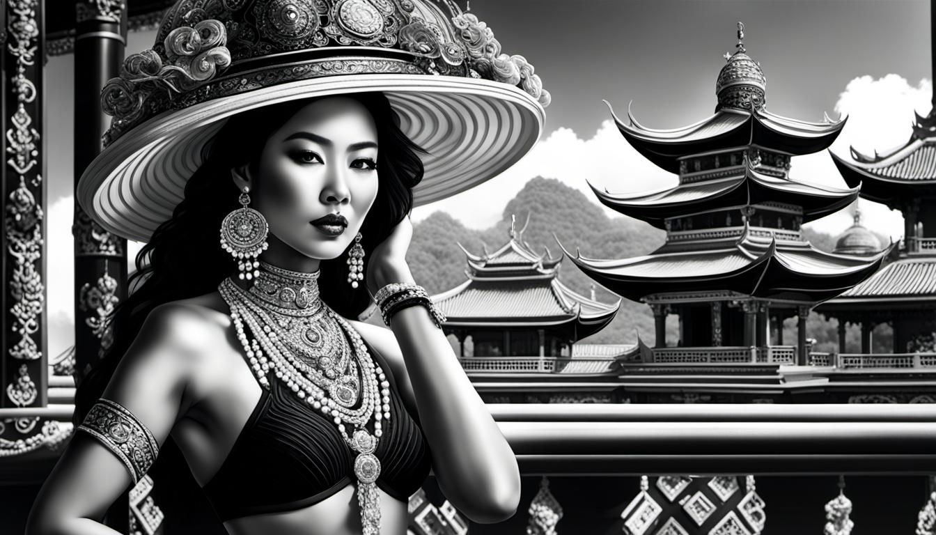 Hyperrealistic Asian Woman in Bikini on Temple Balcony