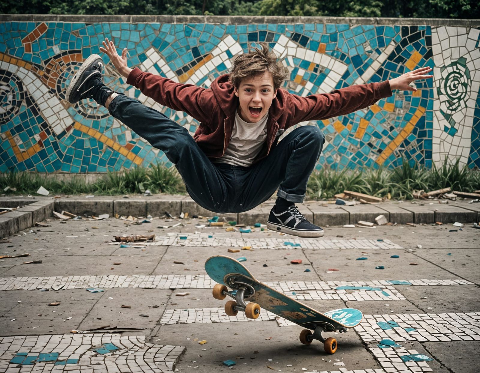 Boy Hurtling Through Air in Abandoned Pool