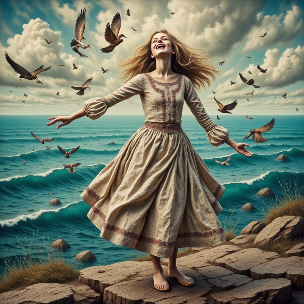 Girl's Joyful Dance with Birds, Grungy Oil Painting