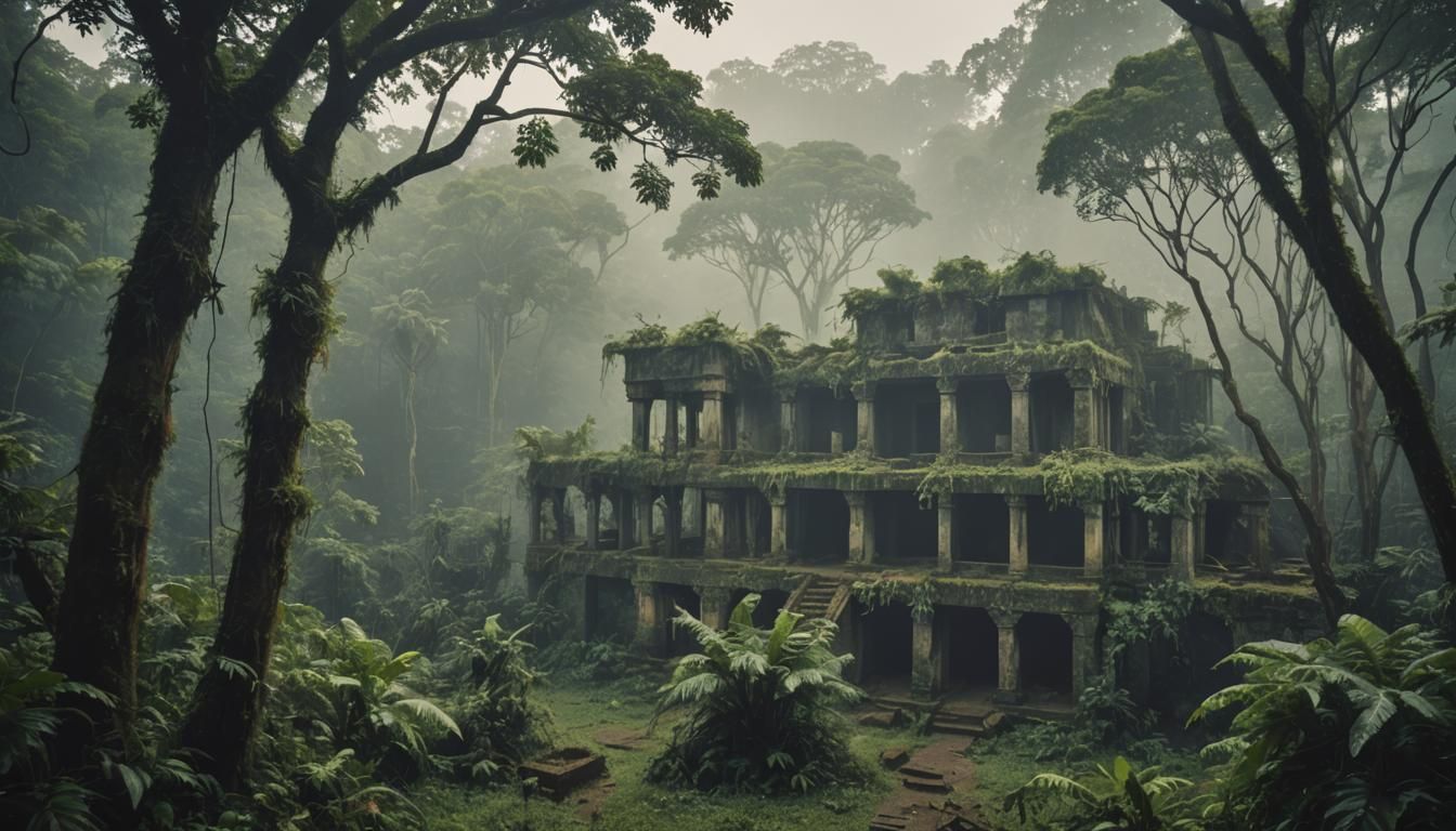 Ghanaian Rainforest Ruins: Epic Explorer Scene
