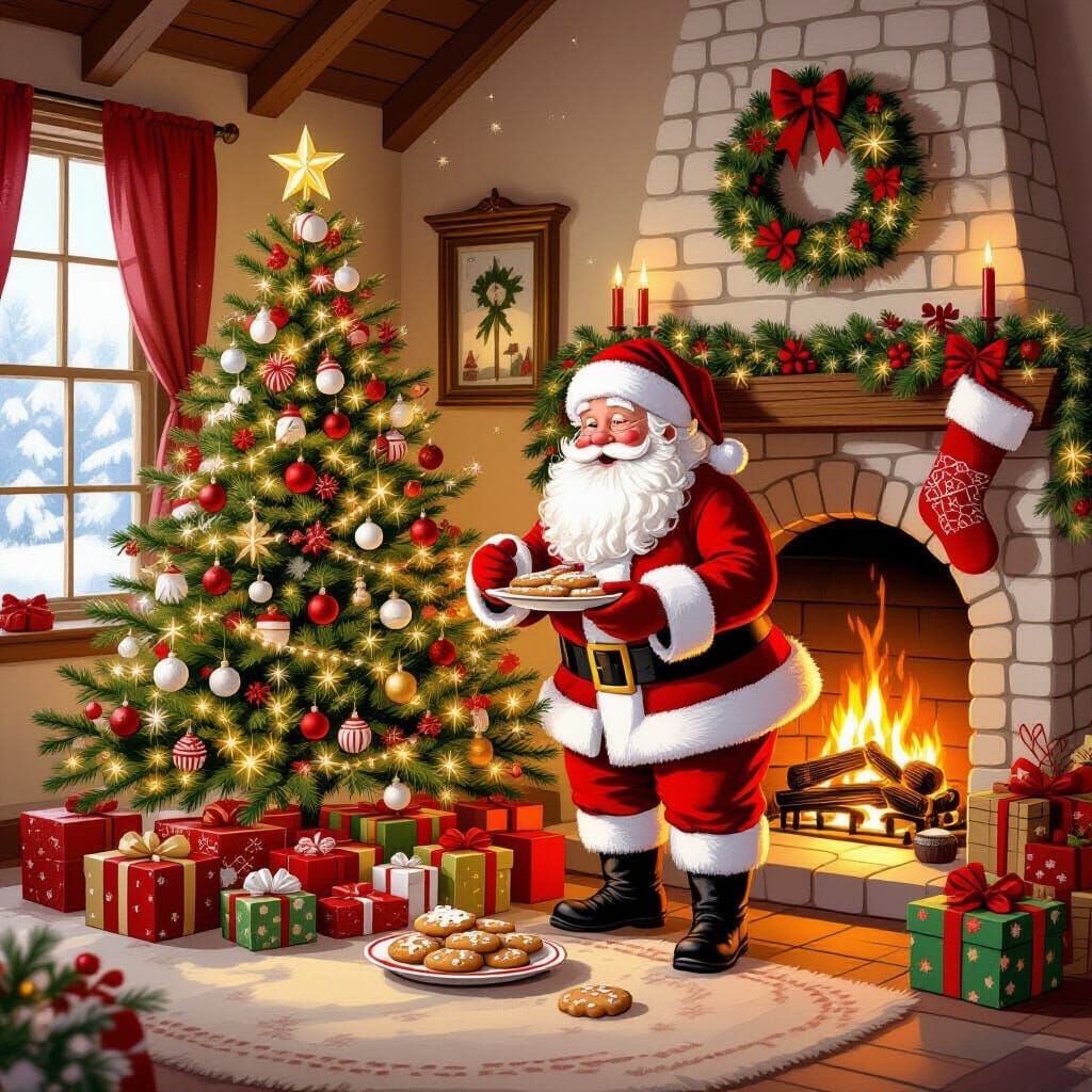 Cozy Christmas Cottage Scene with Santa and Gifts