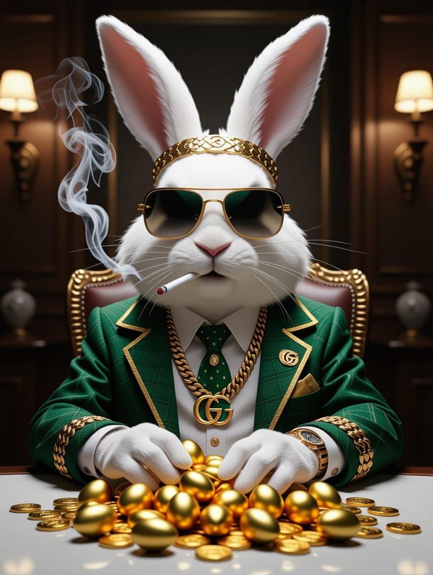 Hyperrealistic Easter Bunny in Gucci Smoking Cigarette