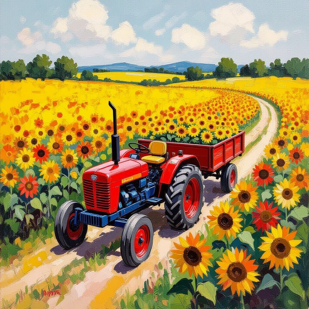Impasto Tractor Harvests Sunflowers in Vivid Field