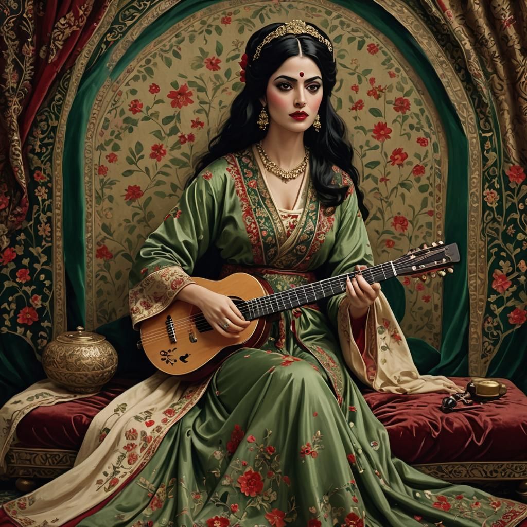 Persian Princess Playing Lute in Luxurious Oil Painting Styl...