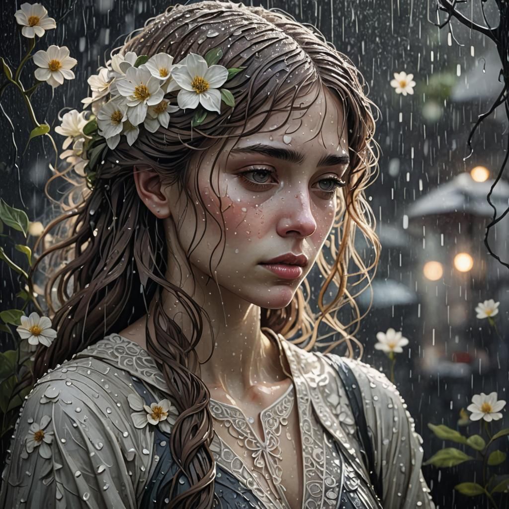 Sad Girl in Rain, Psychedelic Art Nouveau Style