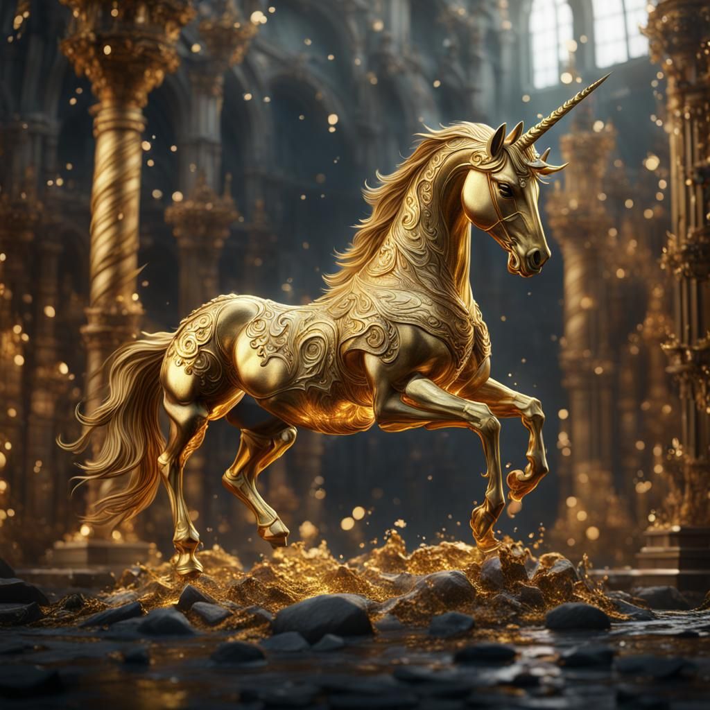 Golden Unicorn Sculpture: Detailed Fantasy Art