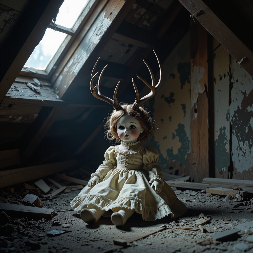 Eerie Porcelain Doll with Antlers in Derelict Attic