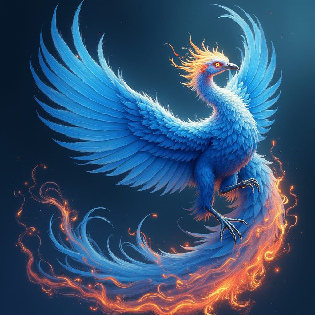 Majestic Blue Phoenix in Flight Amidst Swirling Flames