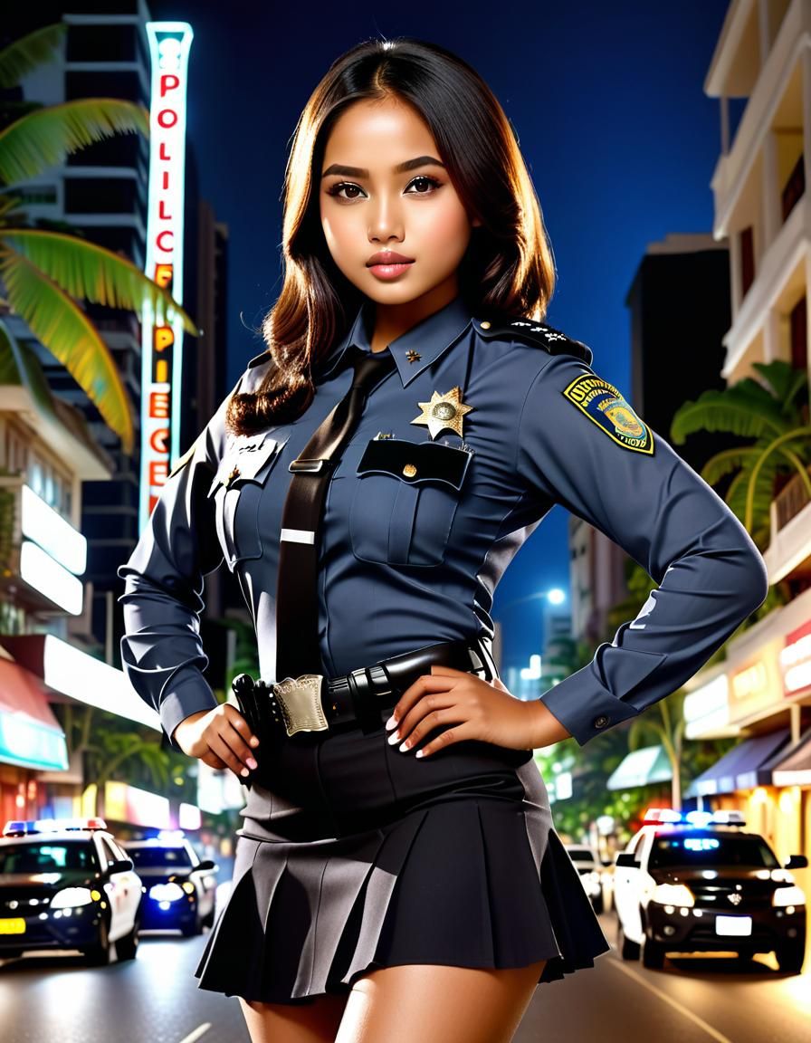 Indonesian Policewoman in City Street: Photorealistic Master...