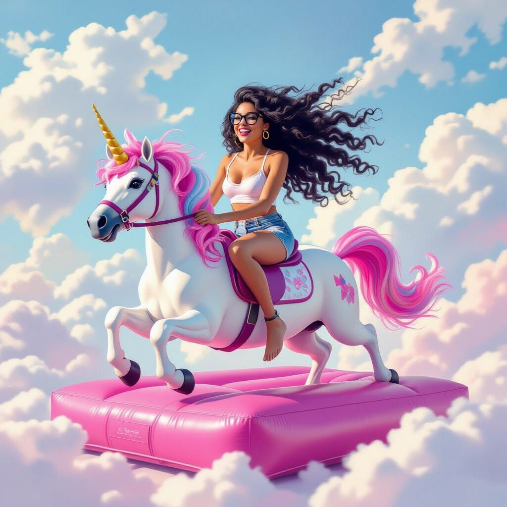 Whimsical Lady on Unicorn Castle as Digital Oil Painting