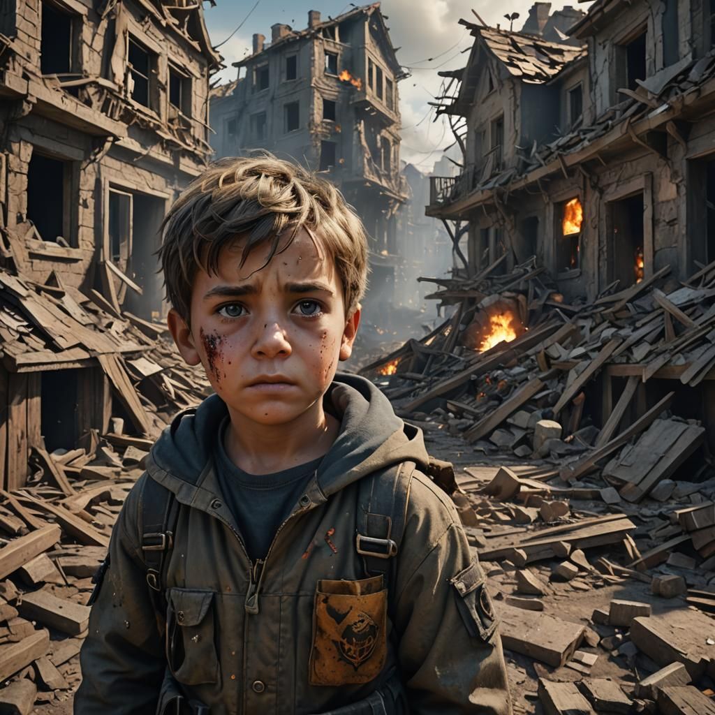 Boy's Face Reflects War's Fear: Matte Painting