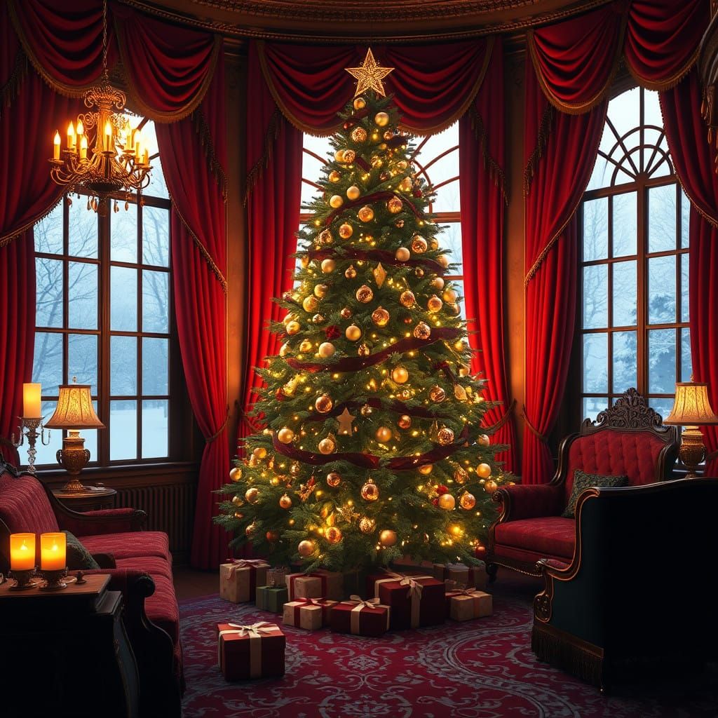 Victorian Parlor Christmas Scene in Rich Holiday Decor