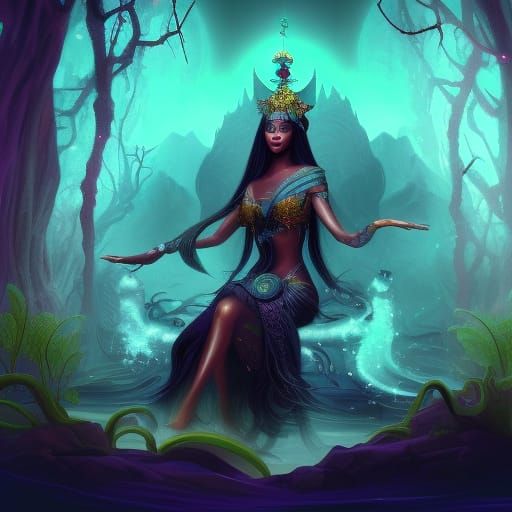 Bioluminescent Black Queen on Throne in Surreal Setting