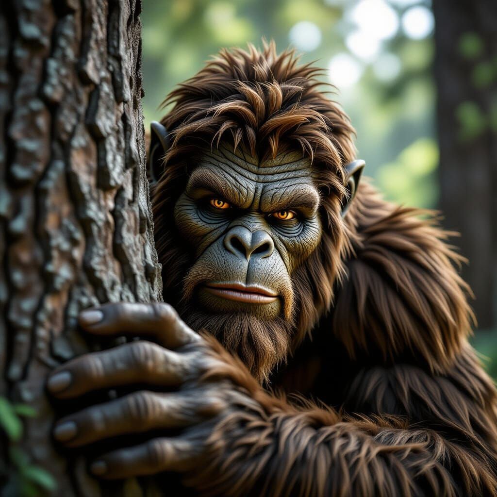 Photorealistic Bigfoot Peeking from Behind Tree