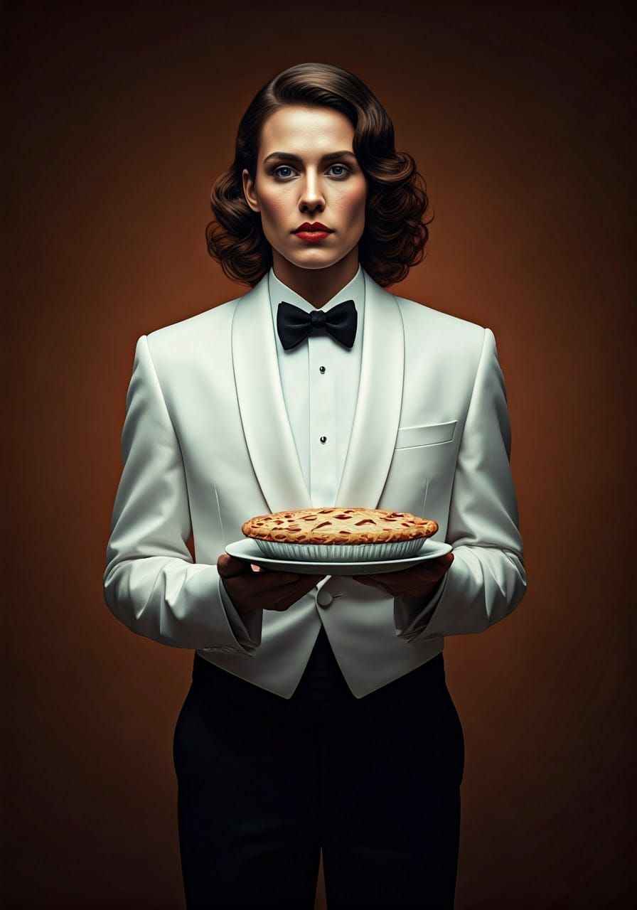 Elegant Woman in White Carries Cherry Pie in Earth Toned Sur...