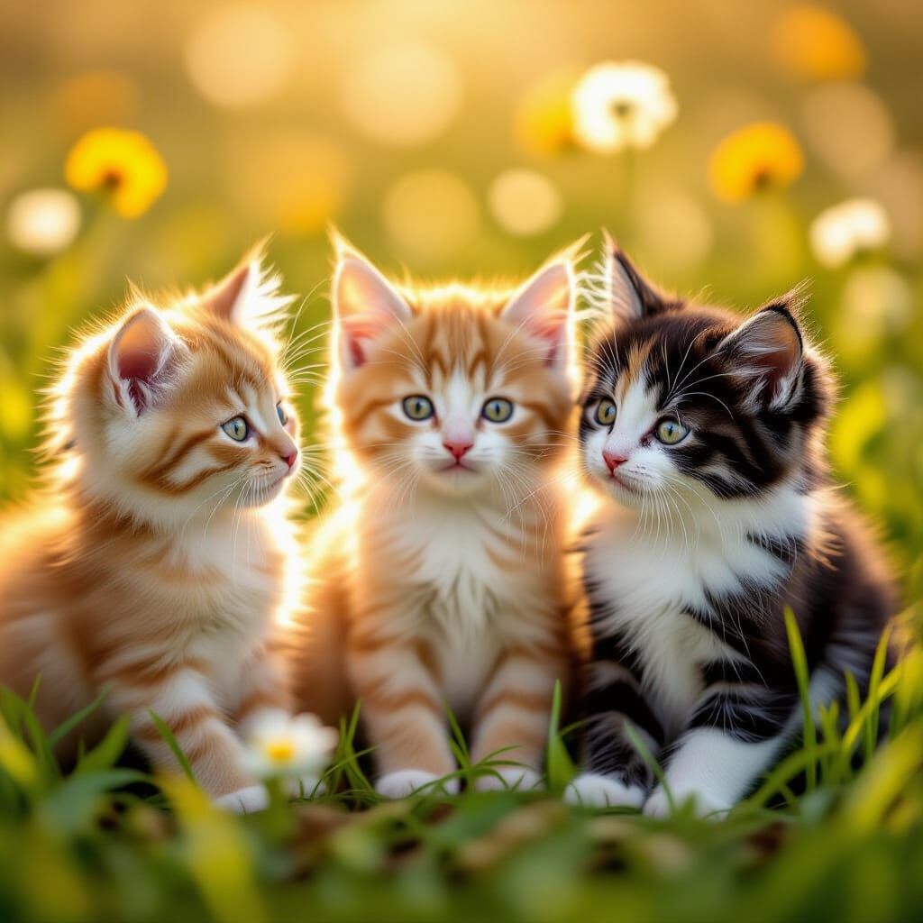 Three Adorable Calico Kittens Play in a Sunlit Meadow