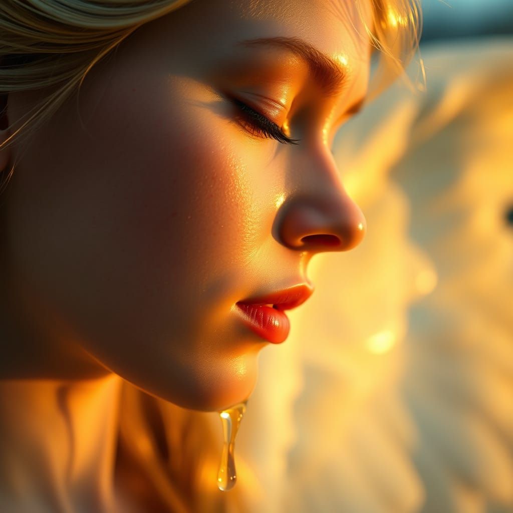Ethereal Angel Portrait with Golden Tears, Painterly Style