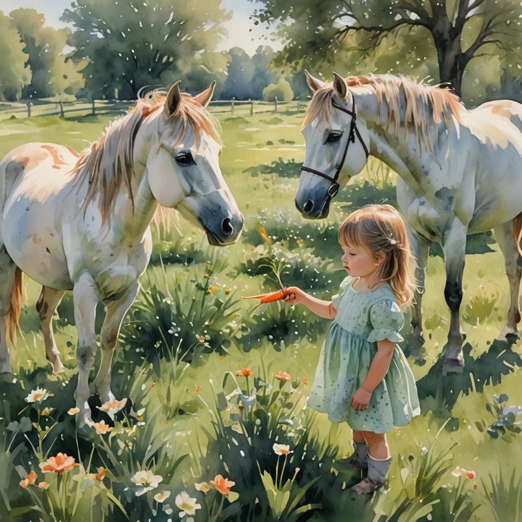 toddler girl feeds horse a carrot