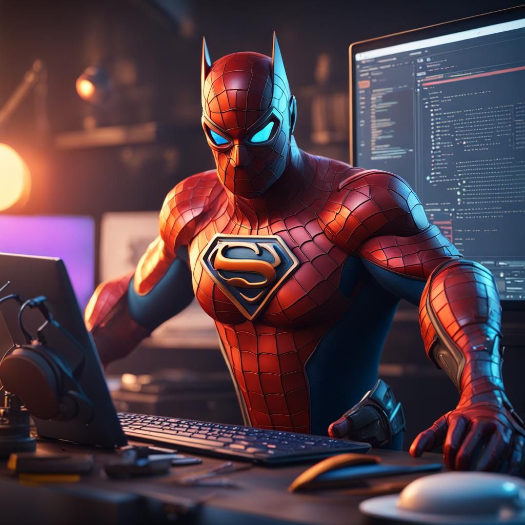 Web Developer Superhero Debugging Software in Detailed Paint...