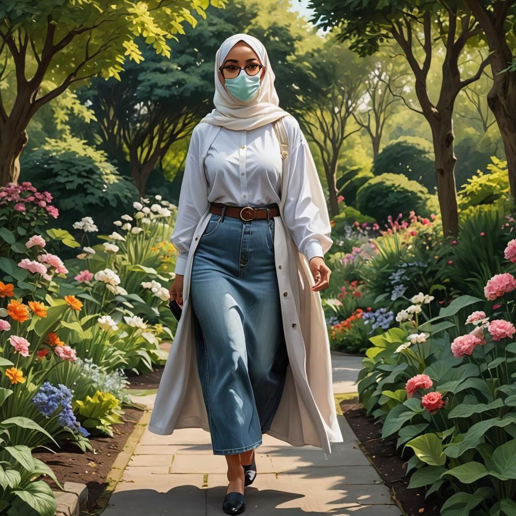 Hijabi Woman's Botanic Garden Walk: Digital Art