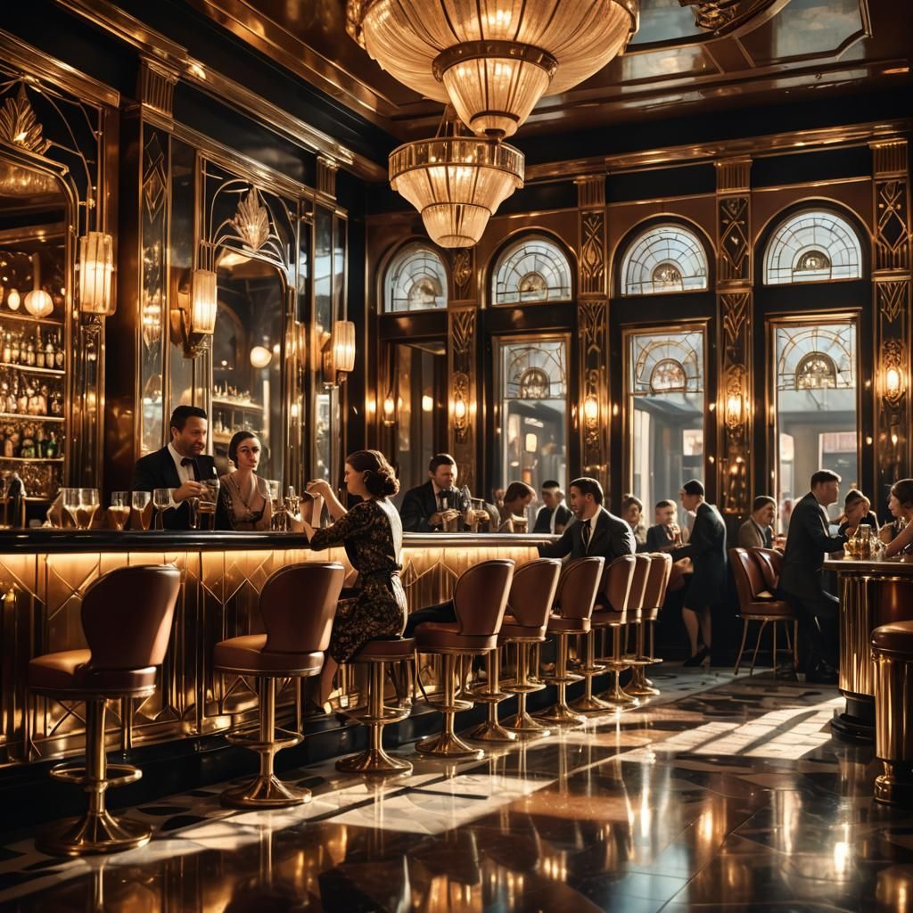Opulent Art Deco Bar Scene with Golden Hour Glow