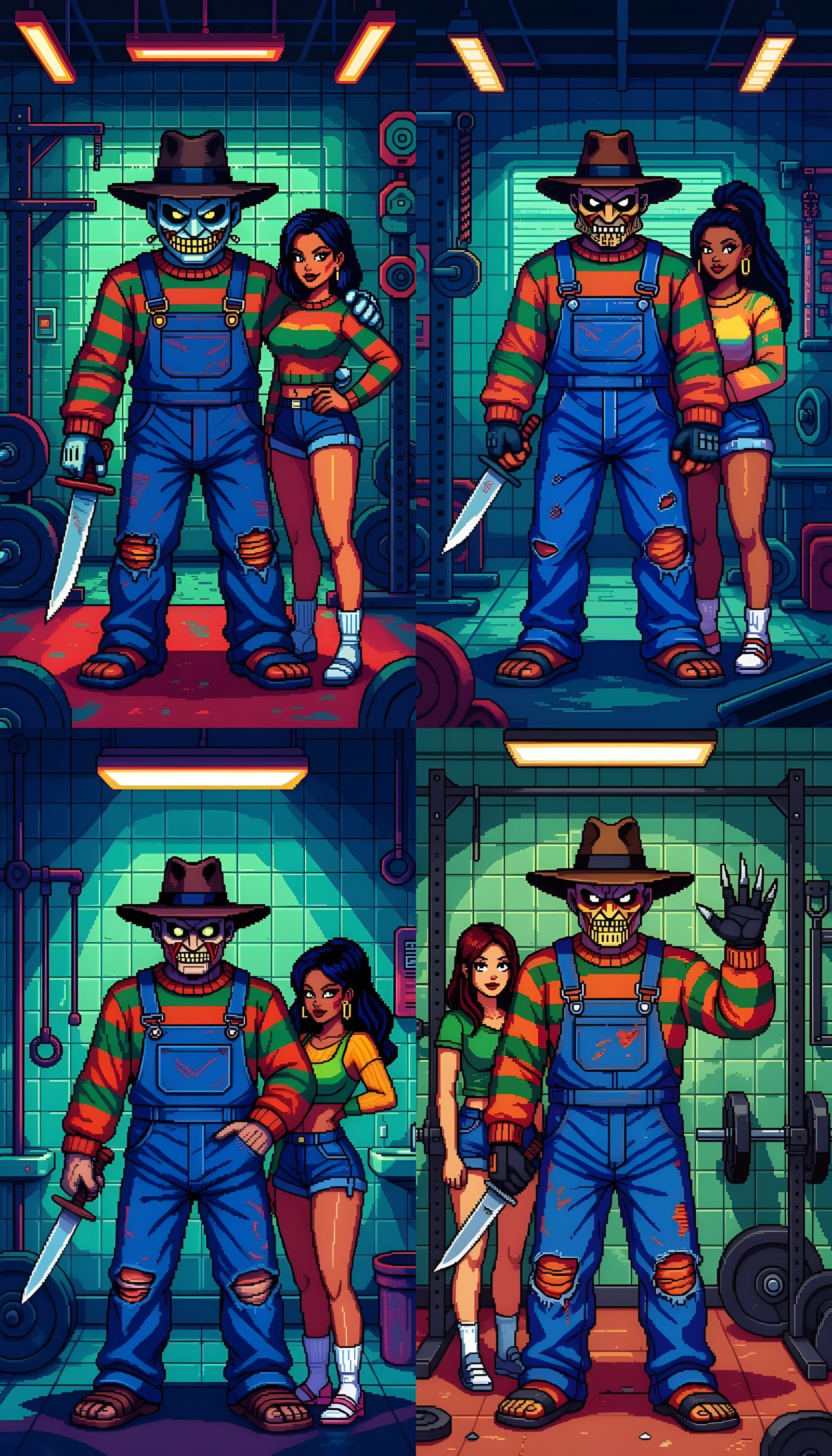Pixel Art Freddy Krueger in Blue Overalls with Knife