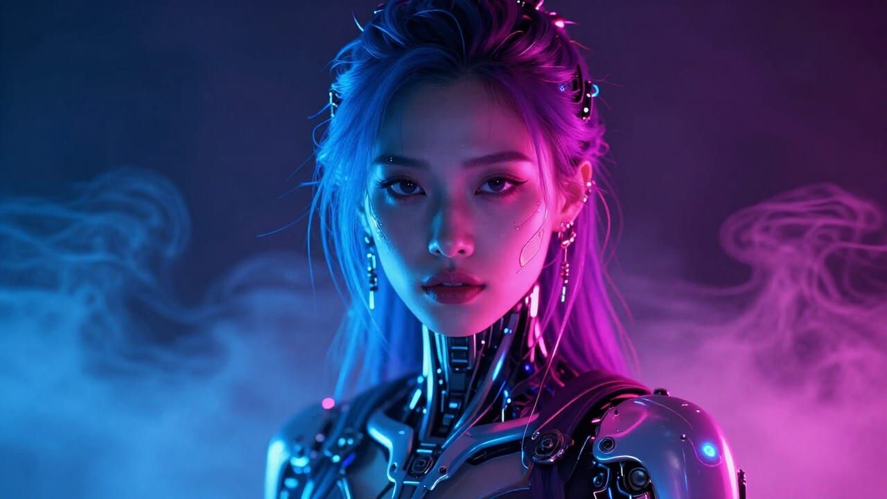 Cyberpunk Android Woman Portrait in Neon Lights