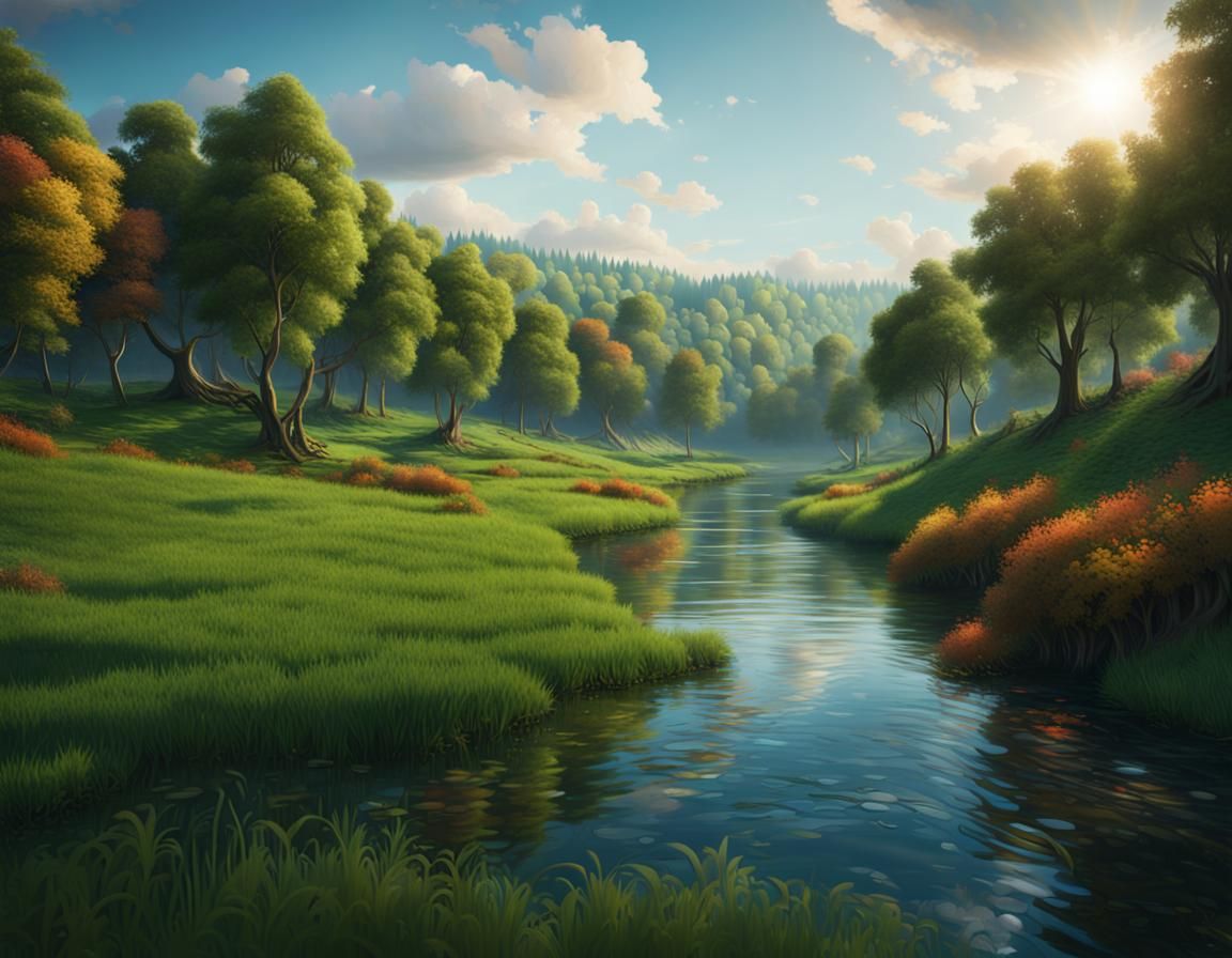 Lush River Landscape in Renaissance Painting Style