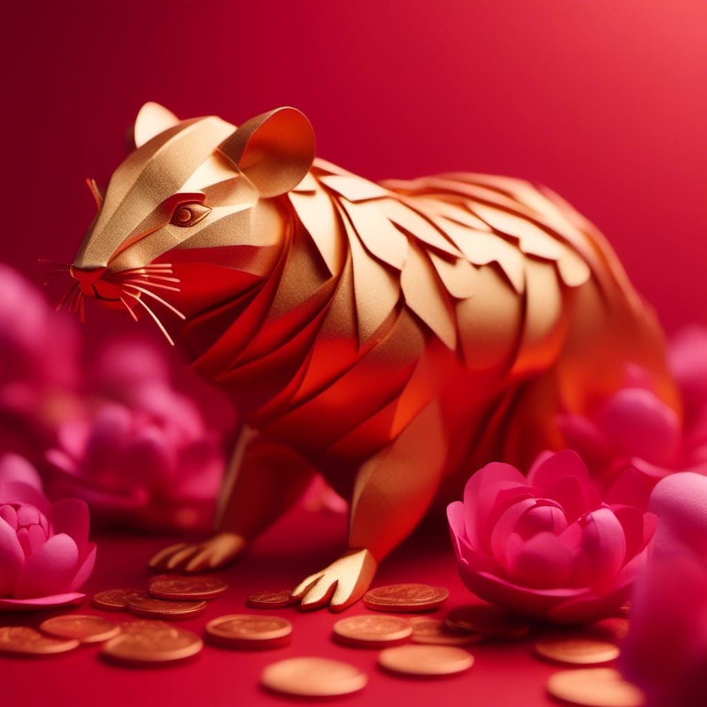 Golden Rat on Coin with Peonies Origami Papercraft