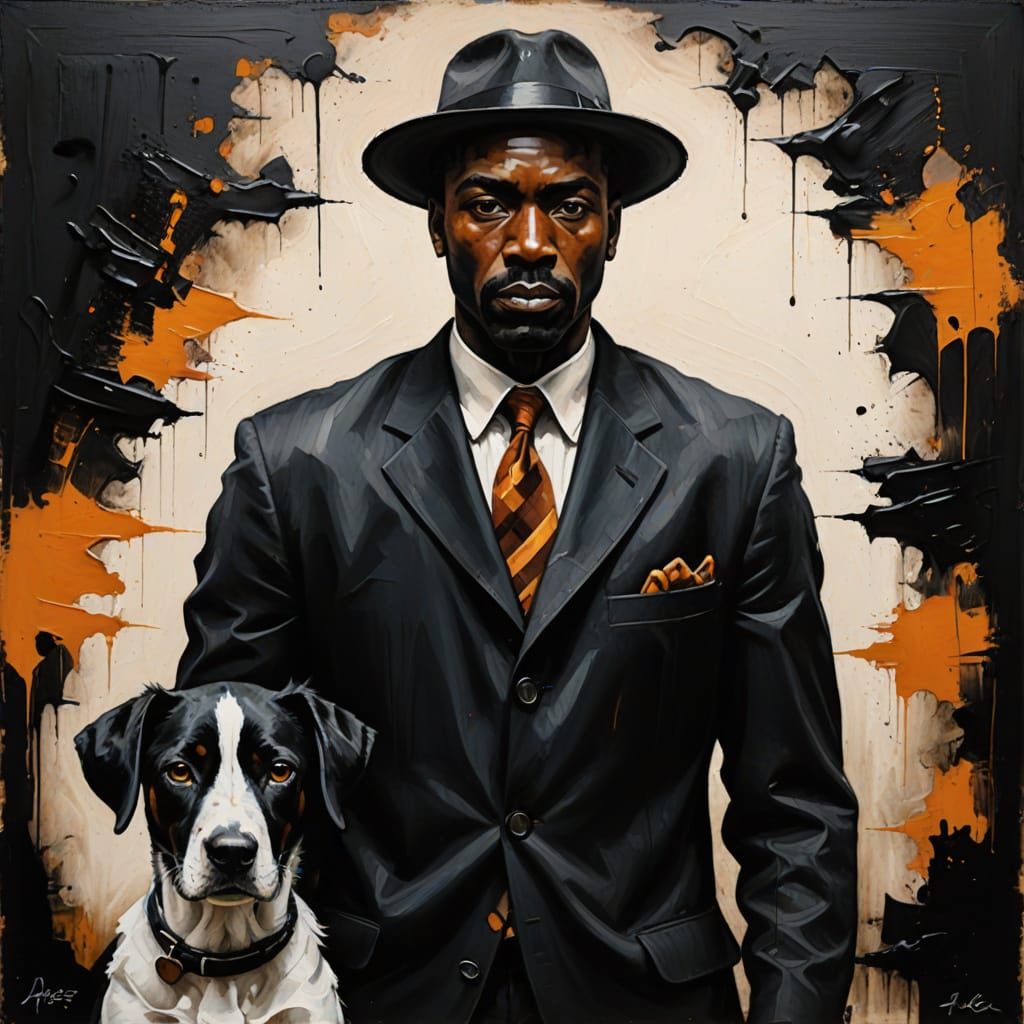 Abstract Black Oil Painting of Man and Dog